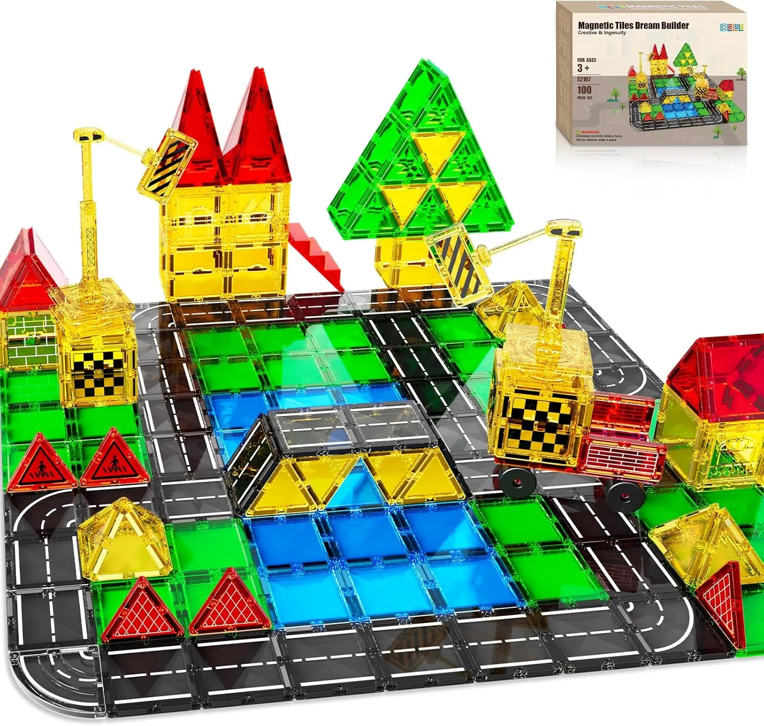100PCS Magnetic Tiles Builder Road Set with 2 Car Toys for 3  Year Old Boys & Girls Magnet Building Blocks, STEM Construction Toys for Kids Ages 3-5 4-8, Christmas Birthday Gifts for Toddlers