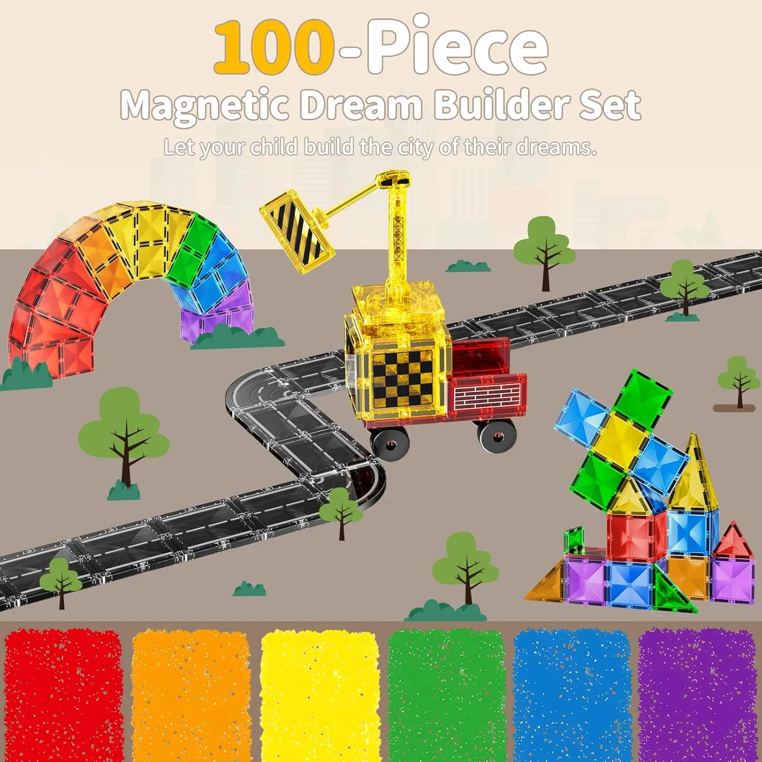 100PCS Magnetic Tiles Builder Road Set with 2 Car Toys for 3  Year Old Boys & Girls Magnet Building Blocks, STEM Construction Toys for Kids Ages 3-5 4-8, Christmas Birthday Gifts for Toddlers