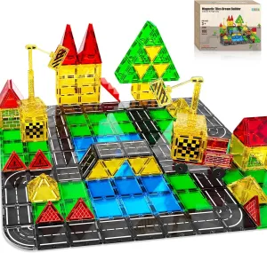 100PCS Magnetic Tiles Builder Road Set with 2 Car Toys for 3  Year Old Boys & Girls Magnet Building Blocks, STEM Construction Toys for Kids Ages 3-5 4-8, Christmas Birthday Gifts for Toddlers