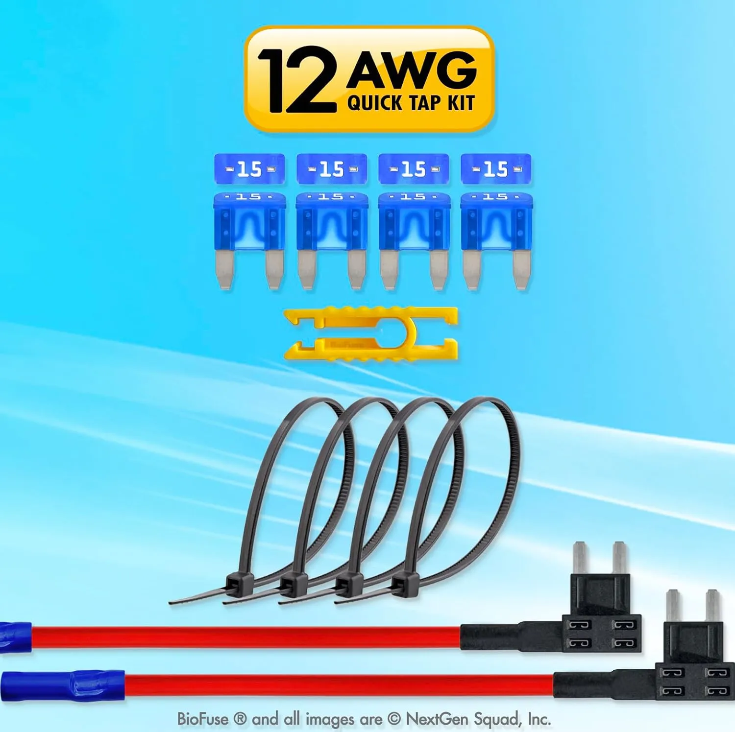 12 AWG Mini APM ATM Quick TAP KIT: 2 Add-A-Circuit Car Fuse Tap Adapters, 4 (15A) Blade Fuses, 4 Zip Ties   Fuse Puller