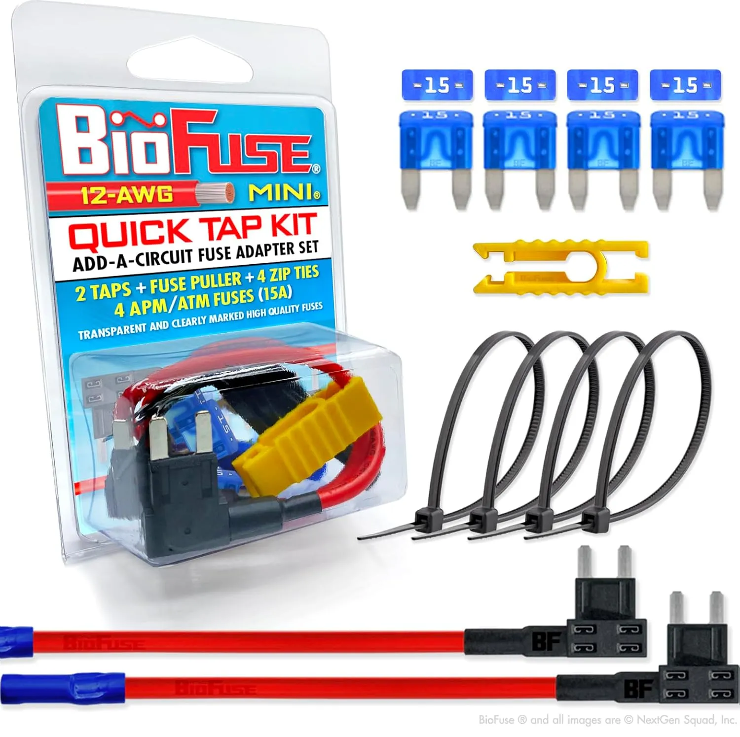 12 AWG Mini APM ATM Quick TAP KIT: 2 Add-A-Circuit Car Fuse Tap Adapters, 4 (15A) Blade Fuses, 4 Zip Ties   Fuse Puller