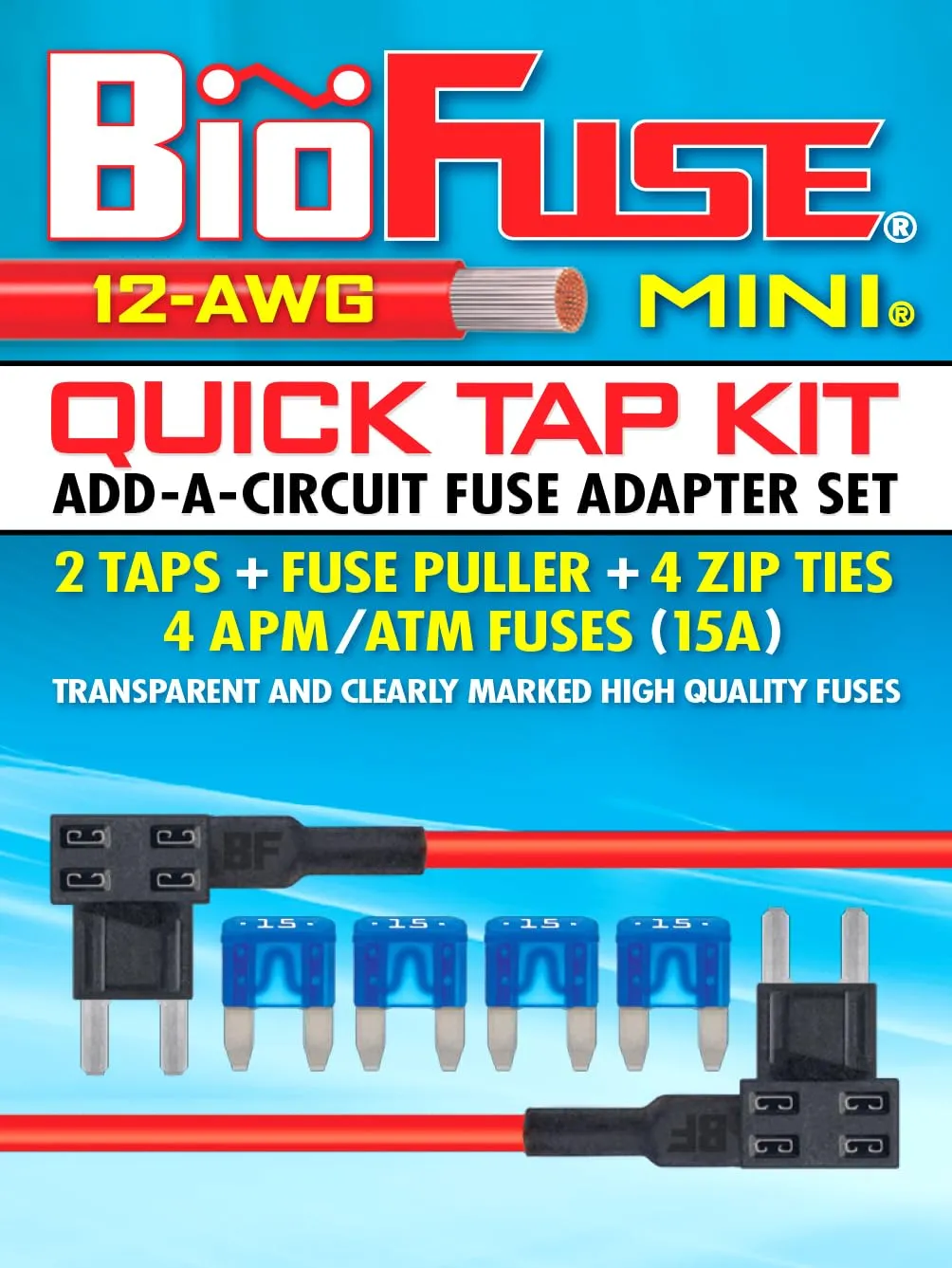 12 AWG Mini APM ATM Quick TAP KIT: 2 Add-A-Circuit Car Fuse Tap Adapters, 4 (15A) Blade Fuses, 4 Zip Ties   Fuse Puller