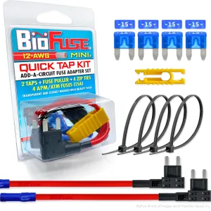 12 AWG Mini APM ATM Quick TAP KIT: 2 Add-A-Circuit Car Fuse Tap Adapters, 4 (15A) Blade Fuses, 4 Zip Ties   Fuse Puller