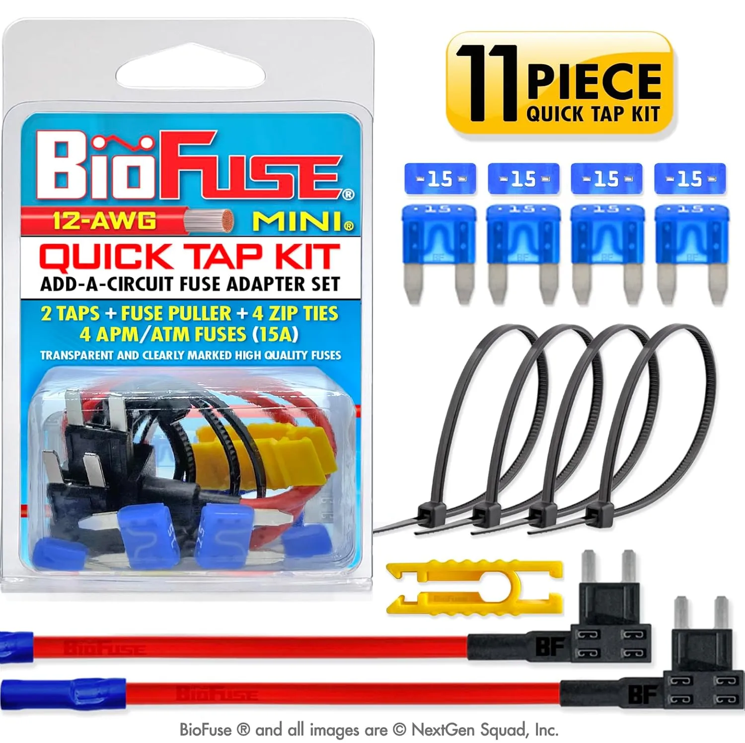 12 AWG Mini APM ATM Quick TAP KIT: 2 Add-A-Circuit Car Fuse Tap Adapters, 4 (15A) Blade Fuses, 4 Zip Ties   Fuse Puller