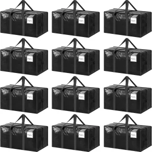 12 Pack Extra Heavy Duty Large Moving Bags with Strong Zipper & Comfortable Handles, Sturdy & Durable Clothes Storage Bags Totes Bins, Packing Moving Boxes for College Supplies, Black