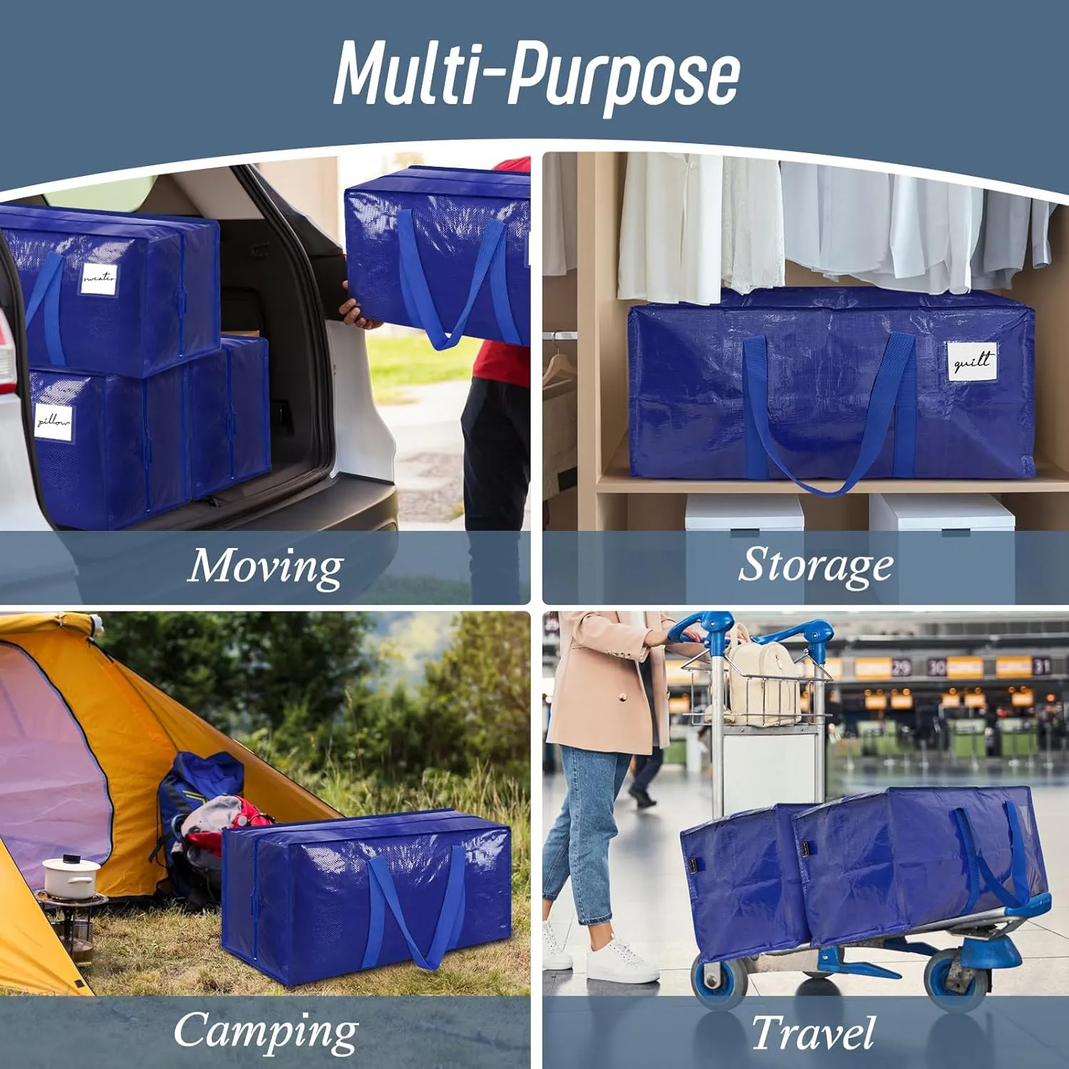 12 Pack Extra Heavy Duty Large Moving Bags with Strong Zipper & Comfortable Handles, Sturdy & Durable Clothes Storage Bags Totes Bins, Packing Moving Boxes for College Supplies, Blue