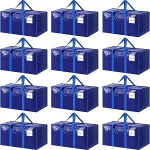 12 Pack Extra Heavy Duty Large Moving Bags with Strong Zipper & Comfortable Handles, Sturdy & Durable Clothes Storage Bags Totes Bins, Packing Moving Boxes for College Supplies, Blue