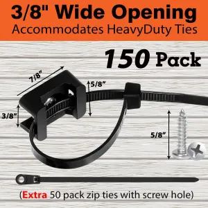 150 Pcs Cable Zip Tie Base Saddle Type Mounts with 6 Inch & 0.19 Inch Cable Ties and Stainless steel Screw, Anchor Wire Cable Clips Organizer Holders Clamps fasteners (Black)