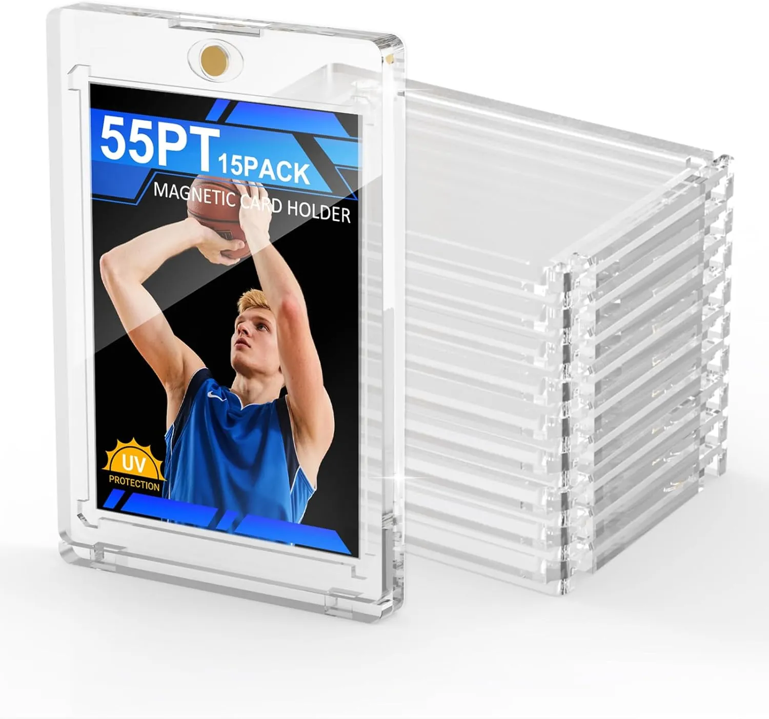 15ct Magnetic Card Holder, 55pt One Card Touch Holders for Trading Cards, U-V Protection Card Display Case Protectors Sleeves Hard Plastic Cover for Sports Game