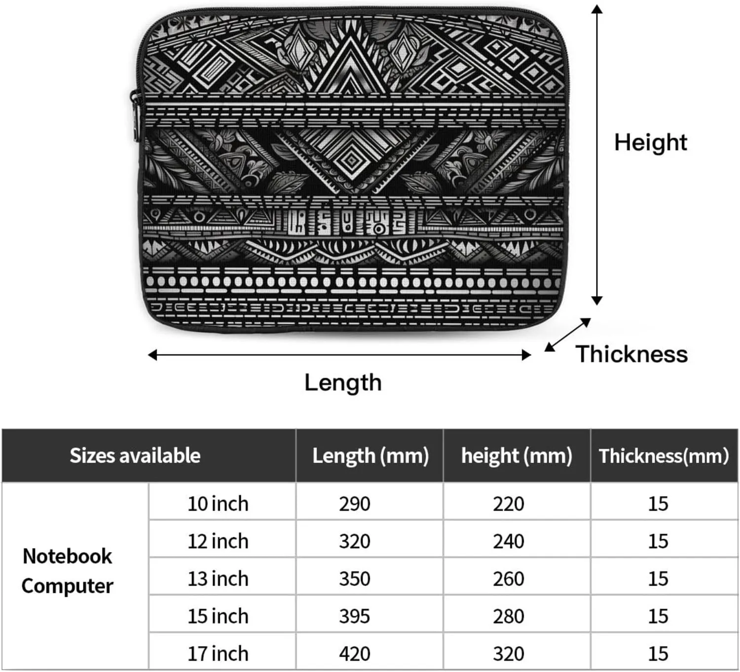 17 inch Laptop Sleeve Bag Black and white tribe Laptop Bag Shockproof Computer Carrying Cover Slim Briefcase Handbag