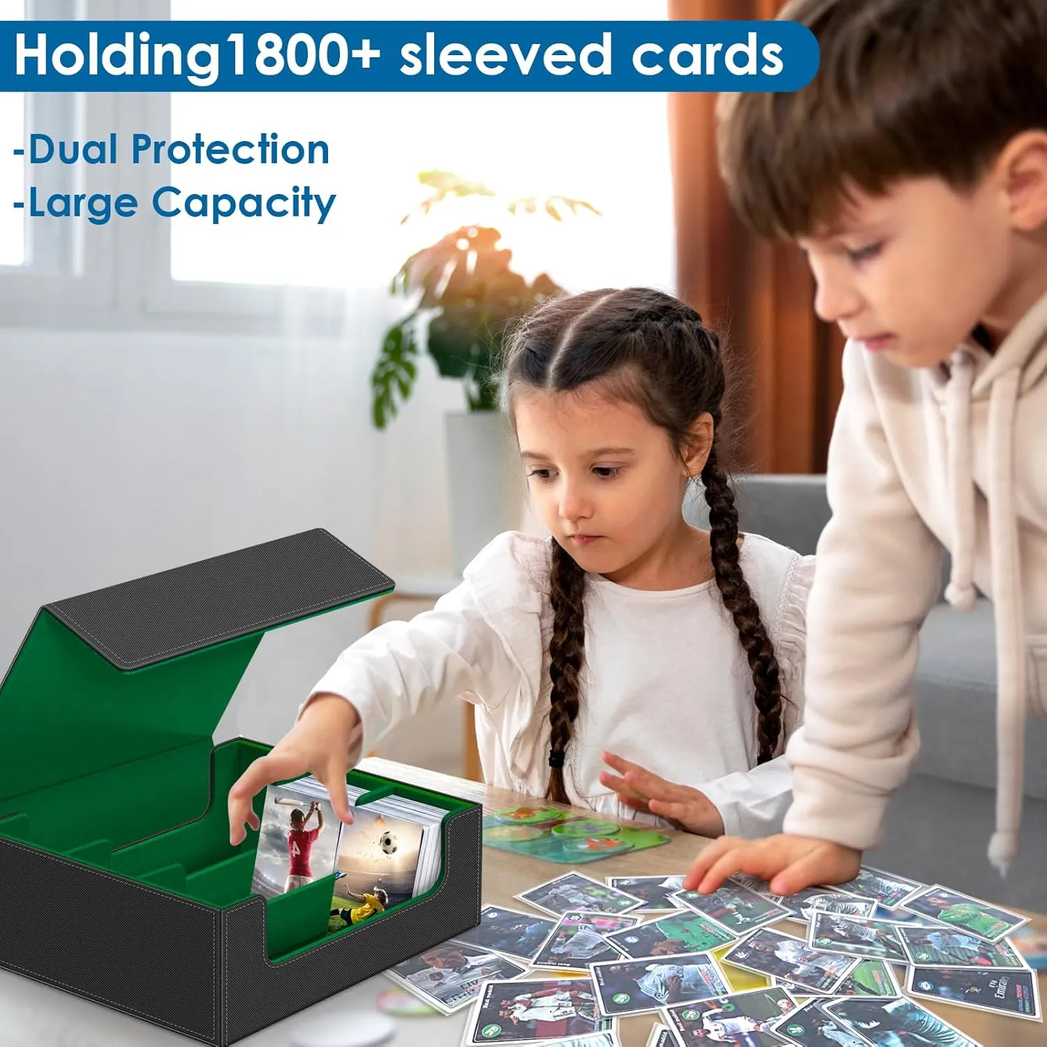 1800  Card Deck Case for Trading Cards, Leather Magnetic Closure Commander Card Storage Box Magic Card Holders Fit for MTG TCG and Sport Cards (Cyan)