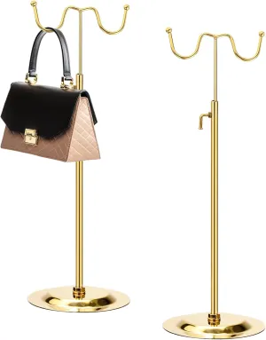 2 Pack - Metal Purse Display Stands, 410-730mm Adjustable Height Tabletop Double Hook Handbag Rack Appropriate for Boutique Store, Gold