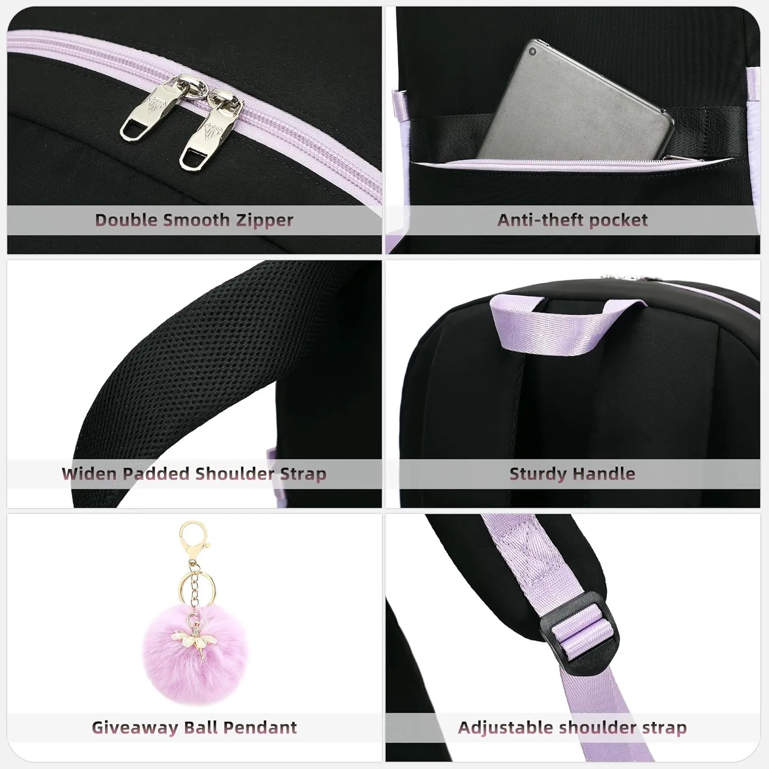 3 PCS Backpack for Teen Girls,Laptop Backpacks 15.6 Inch School Bag with Lunch Box Pencil Pouch Set for Students Aesthetic College Bookbag Travel Daypack(Black Purple)