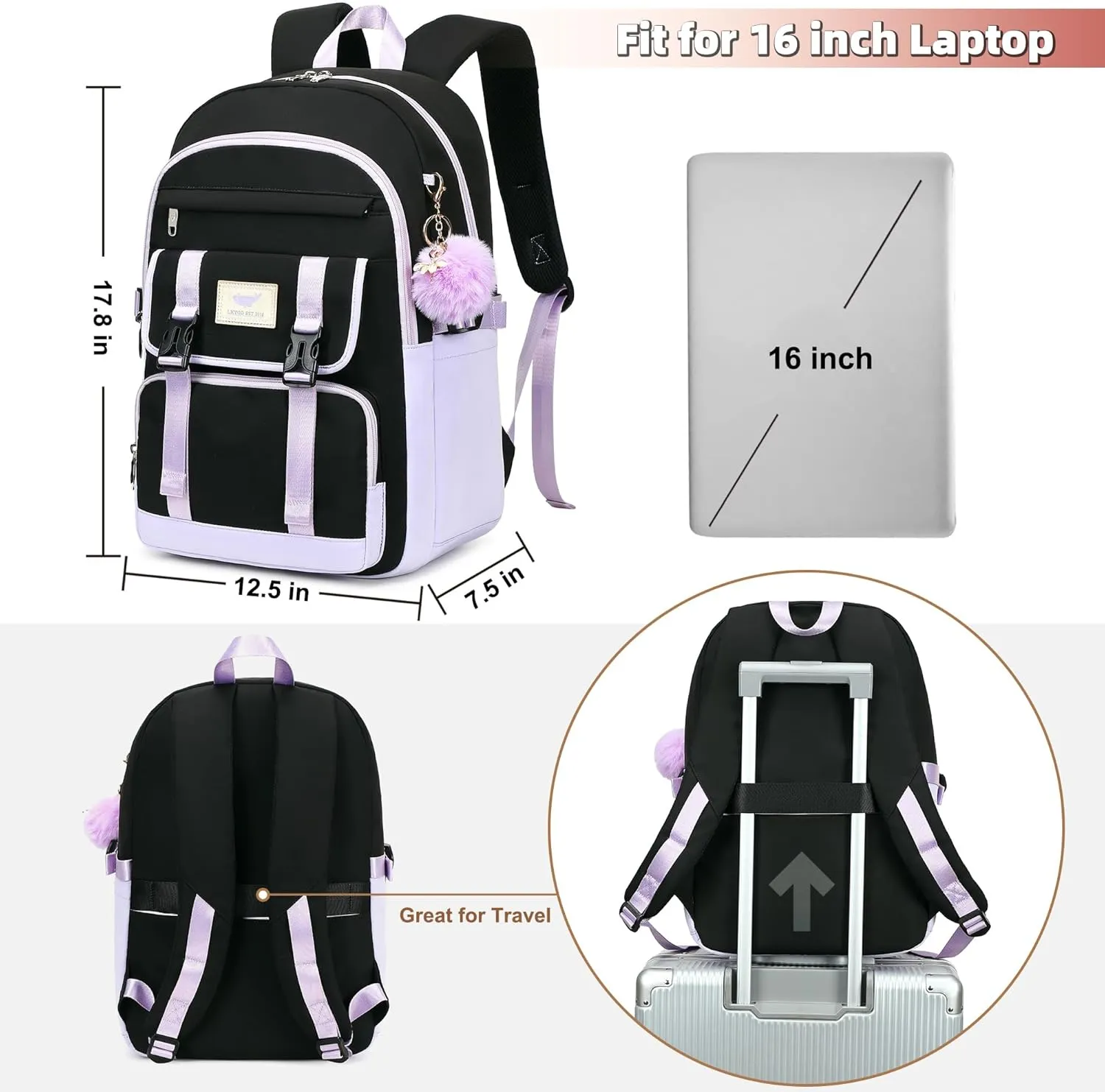 3 PCS Backpack for Teen Girls,Laptop Backpacks 15.6 Inch School Bag with Lunch Box Pencil Pouch Set for Students Aesthetic College Bookbag Travel Daypack(Black Purple)