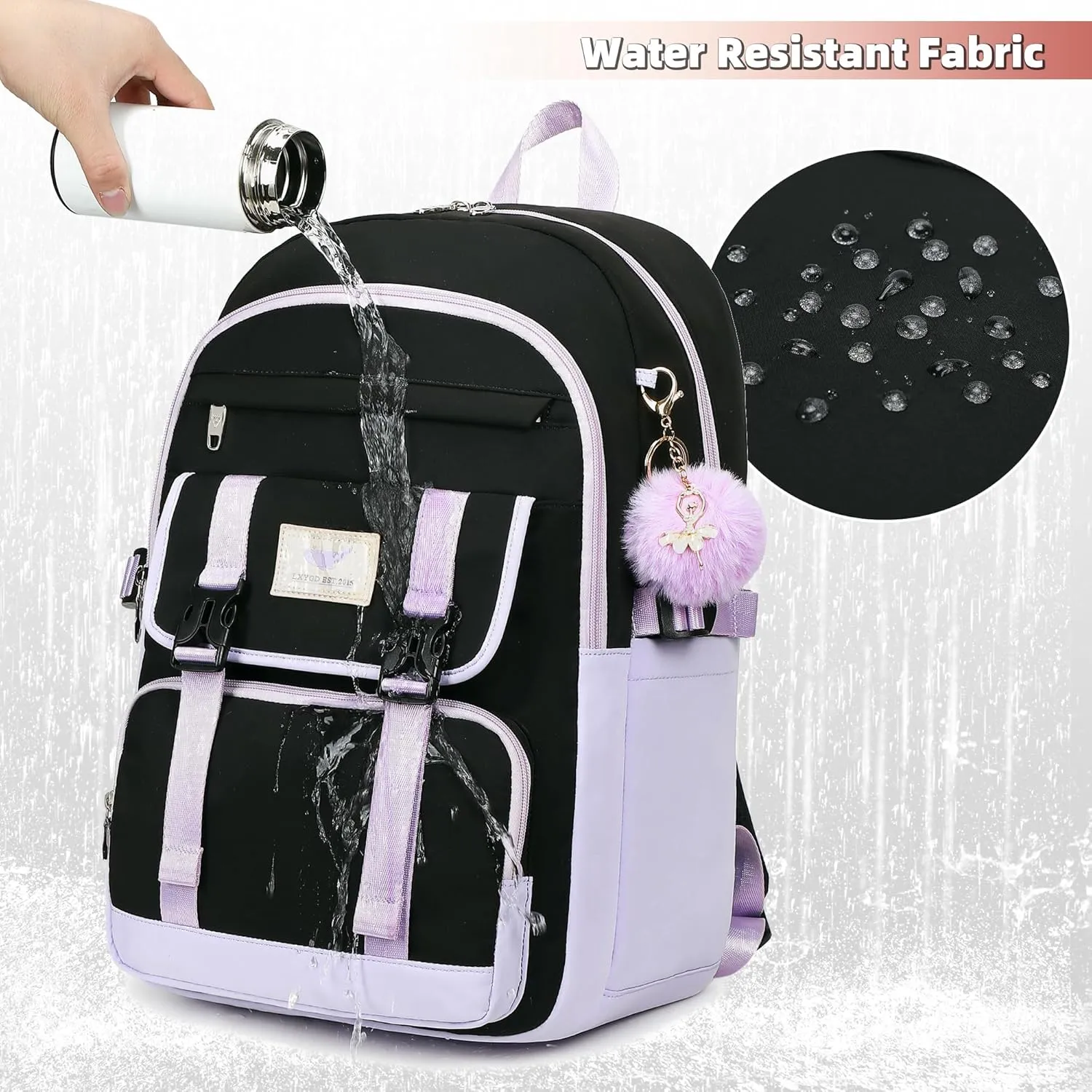 3 PCS Backpack for Teen Girls,Laptop Backpacks 15.6 Inch School Bag with Lunch Box Pencil Pouch Set for Students Aesthetic College Bookbag Travel Daypack(Black Purple)