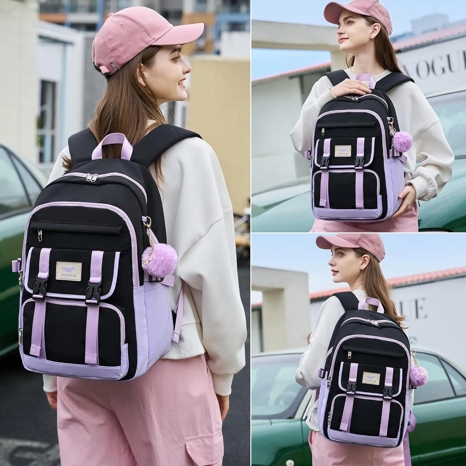 3 PCS Backpack for Teen Girls,Laptop Backpacks 15.6 Inch School Bag with Lunch Box Pencil Pouch Set for Students Aesthetic College Bookbag Travel Daypack(Black Purple)