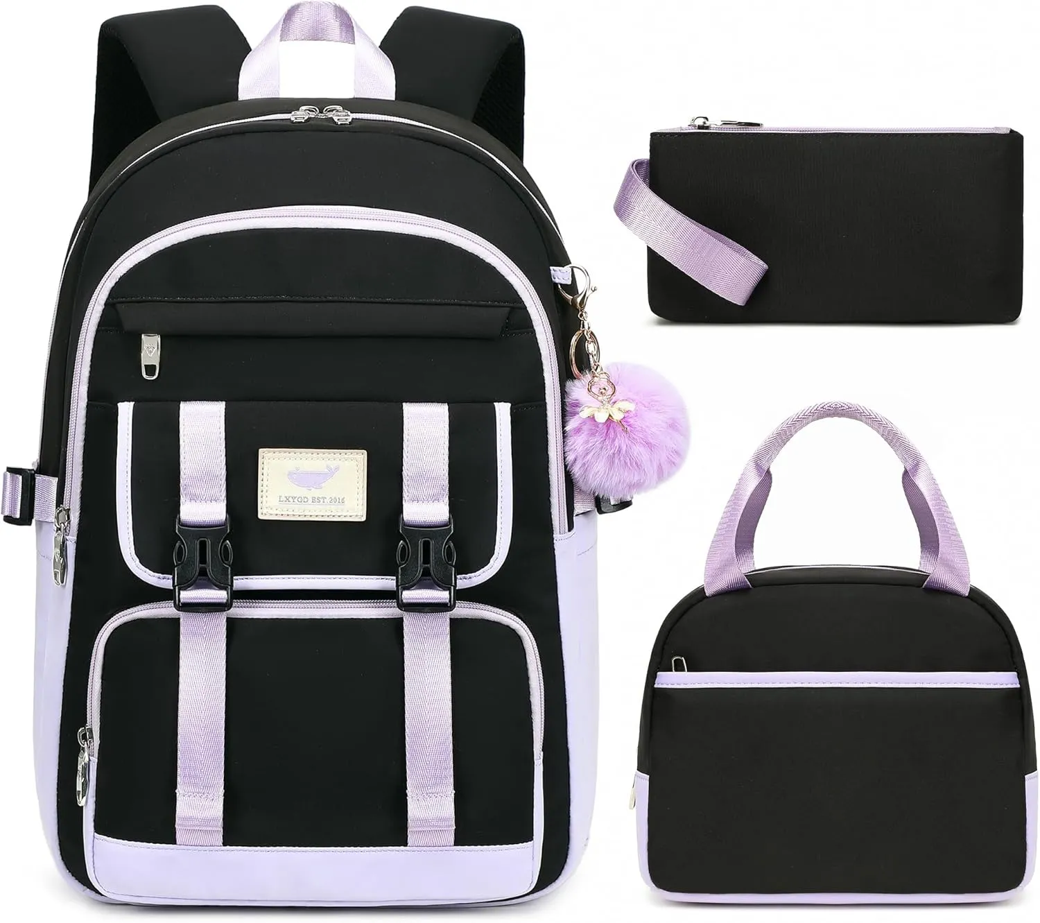 3 PCS Backpack for Teen Girls,Laptop Backpacks 15.6 Inch School Bag with Lunch Box Pencil Pouch Set for Students Aesthetic College Bookbag Travel Daypack(Black Purple)