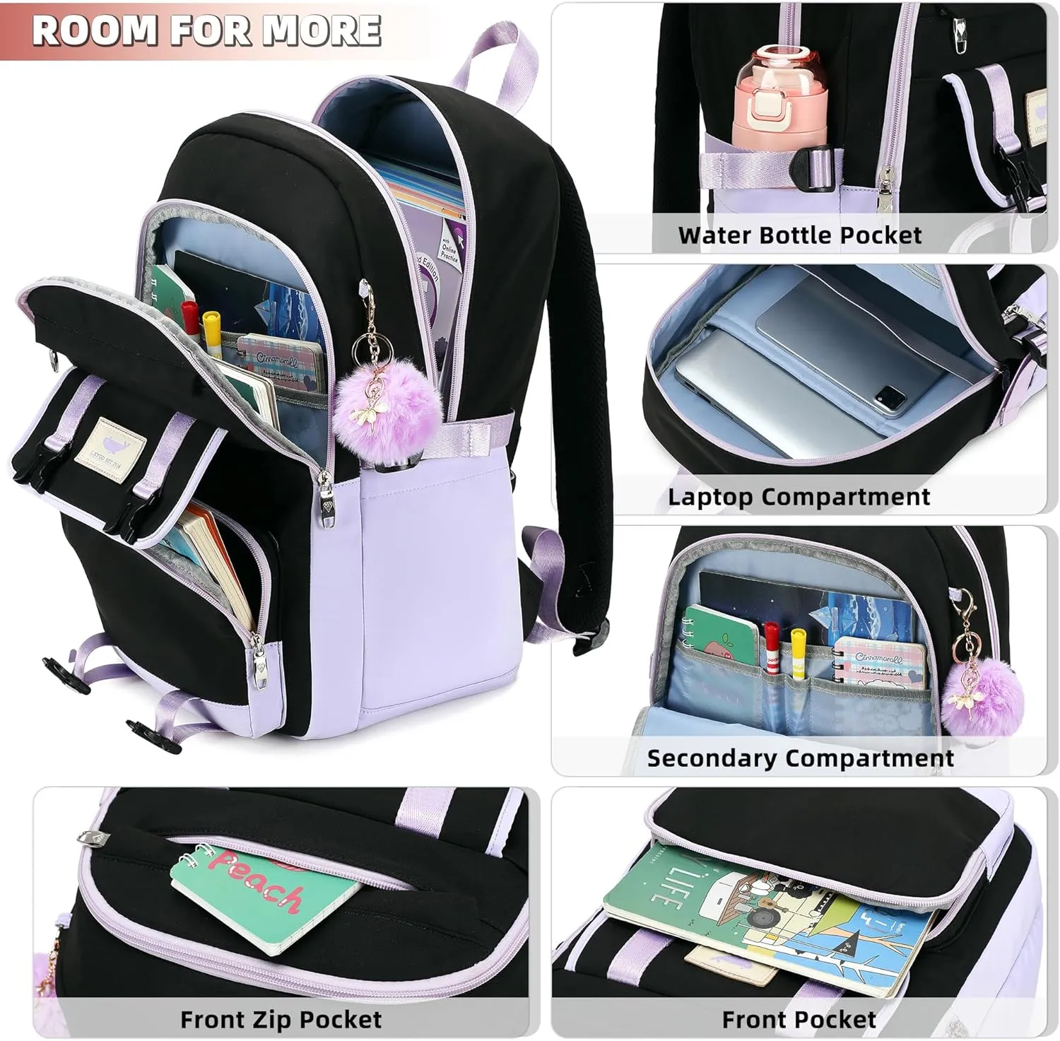 3 PCS Backpack for Teen Girls,Laptop Backpacks 15.6 Inch School Bag with Lunch Box Pencil Pouch Set for Students Aesthetic College Bookbag Travel Daypack(Black Purple)