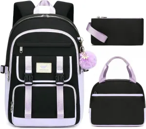 3 PCS Backpack for Teen Girls,Laptop Backpacks 15.6 Inch School Bag with Lunch Box Pencil Pouch Set for Students Aesthetic College Bookbag Travel Daypack(Black Purple)