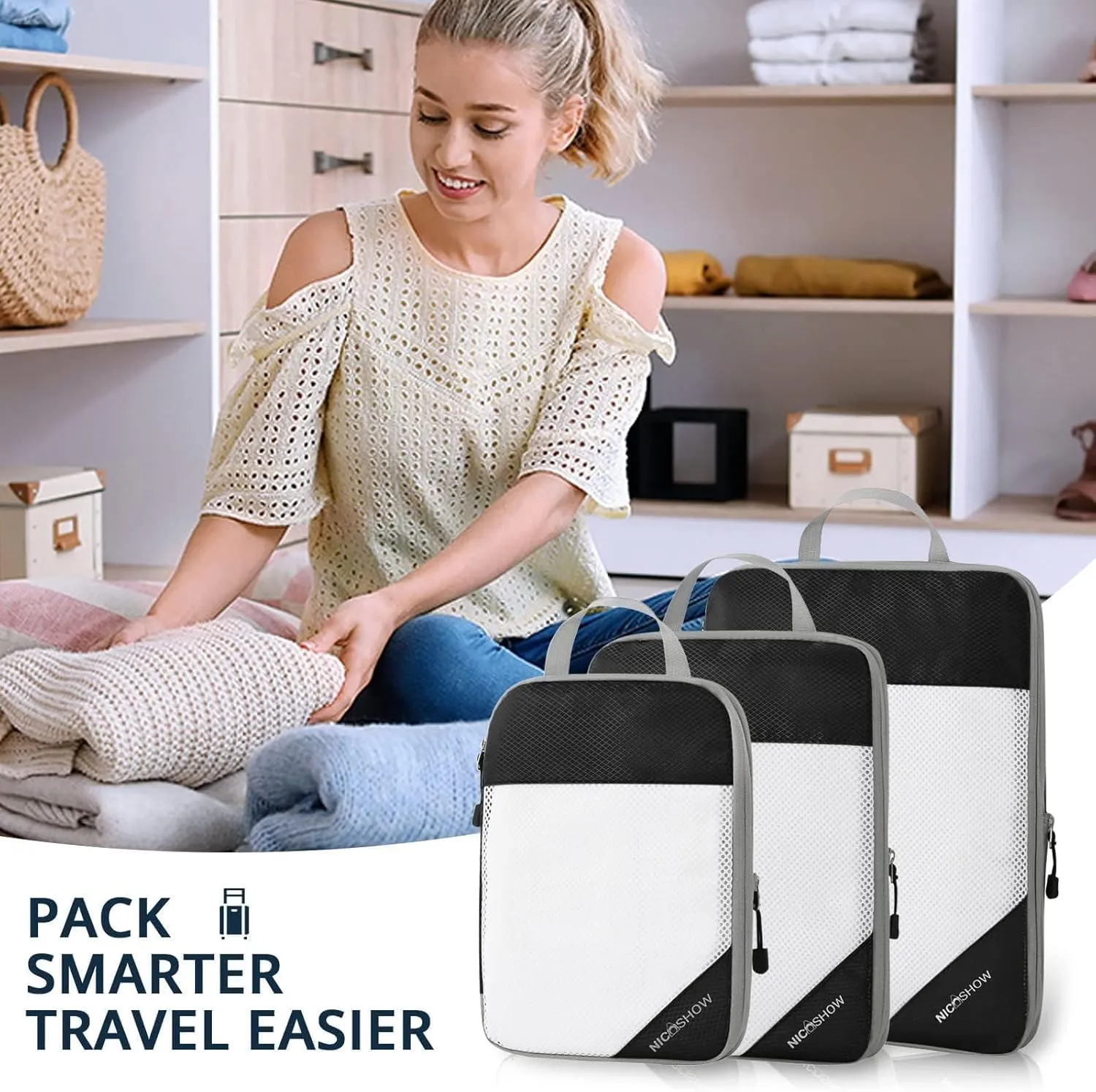 3 Set Compression Packing Cubes for Travel - Compressible, Lightweight, and Space-Saving Packing Cubes, Travel Essentials for Women, Black