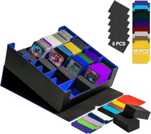 3200  Trading Card Storage Box, 6 Rows Card Deck Case for Trading Cards with 10 Pcs Card Dividers PU Leather Commander Card Deck Case for Magic Commander YugiOh TCG TGG Cards Sport Cards (Black/Blue)