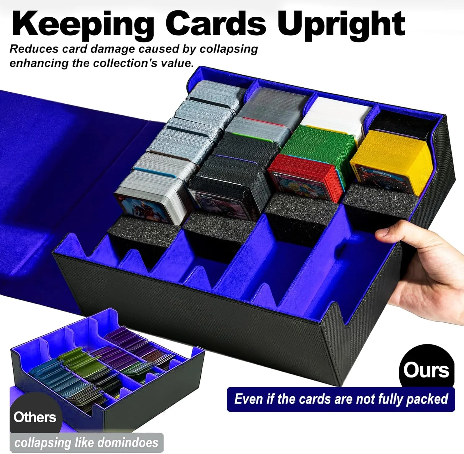 3200  Trading Card Storage Box, 6 Rows Card Deck Case for Trading Cards with 10 Pcs Card Dividers PU Leather Commander Card Deck Case for Magic Commander YugiOh TCG TGG Cards Sport Cards (Black/Blue)
