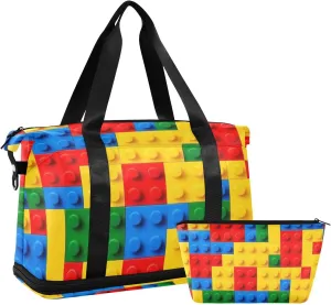 3D Building Blocks Versatile Sports Travel Bag - Lasting Twill Tote, Removable Wheel & Rod Bagging, Multi-pocket Design, Complimentary Makeup Bag