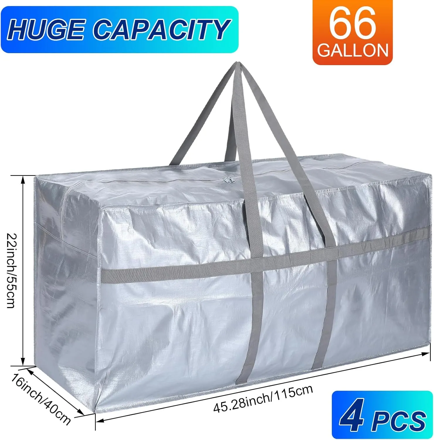 4 Pcs 66 Gallon Large Moving Bags with Zipper and Handles Foldable Storage Duffle Bags Heavy Duty Extra Large Totes for College Dorm Travel Clothes Blankets Bedding Moving(Gray)