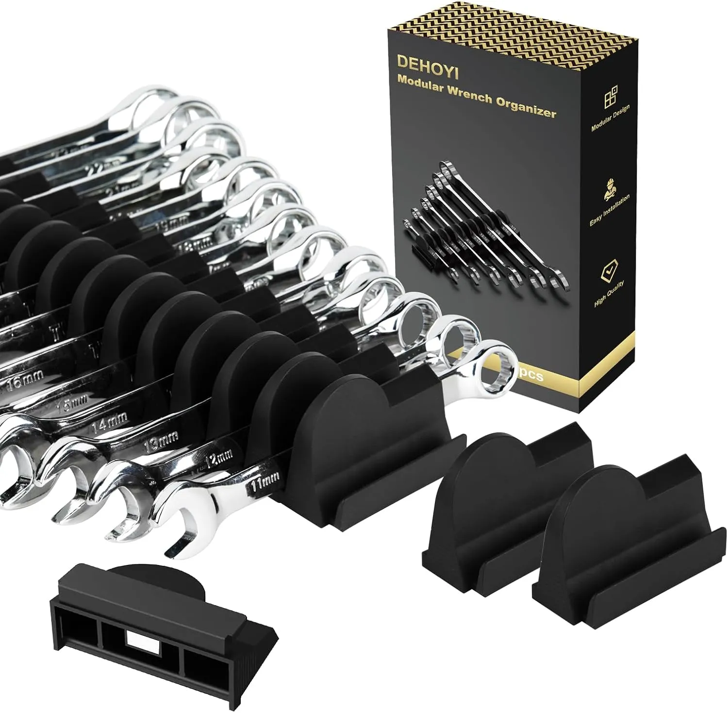 48 pcs MAGNETIC Modular Wrench Organizers for Tool Drawers - Wrench Rack with Metric&SAE Labels, Perfect Tool Storage Holder with Magnet. Gift for father, brother and boyfriend (Black with Magnets)
