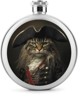 5oz Stainless Steel Flask Cat in Pirate Costume Printed with UV Printing - Portable Liquor Flask for Whiskey, Vodka - Men & Women Gift for Travel, Father’s Day, Weddings