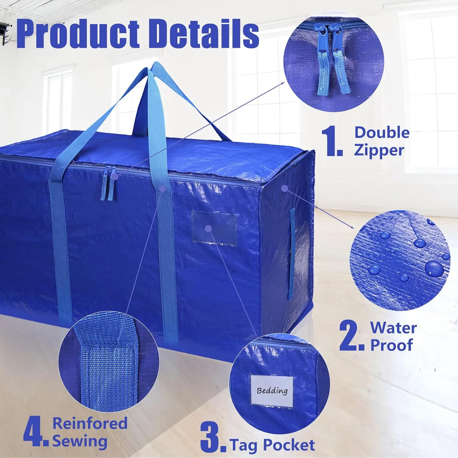 6 Packs Heavy Duty Moving Extra Large Packing Bags Waterproof Moving Storage Bags with Strong Carrying Handles and Zippers Foldable Space Saving Clothes Blue