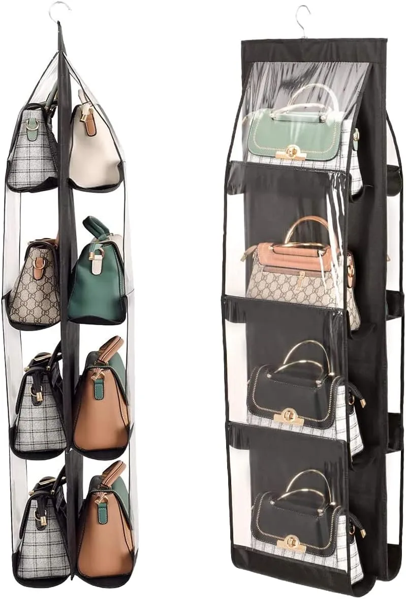 8 Pockets Hanging Handbag Purse Organizer, Upgrade Dust Proof Purse Organizer Closet, Wardrobe Closet Organizer, Washable Handbag Organizer for Women Handbags Purse (Black)