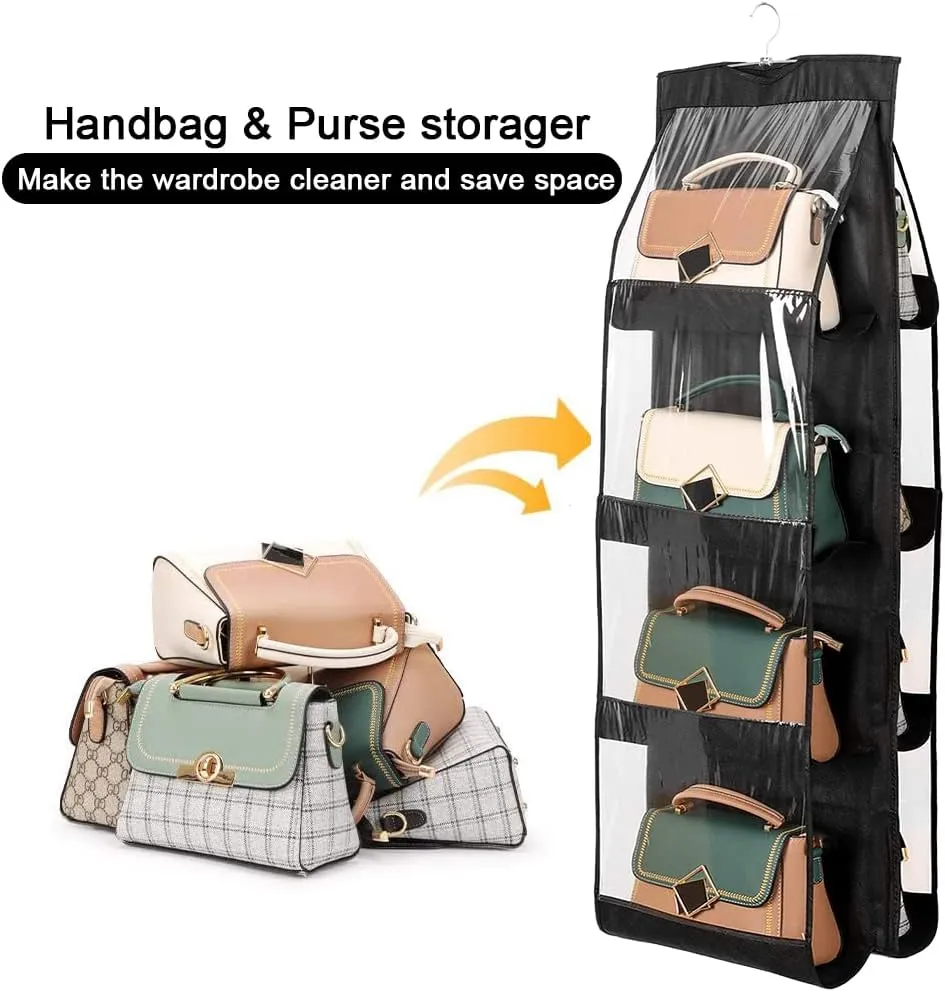 8 Pockets Hanging Handbag Purse Organizer, Upgrade Dust Proof Purse Organizer Closet, Wardrobe Closet Organizer, Washable Handbag Organizer for Women Handbags Purse (Black)
