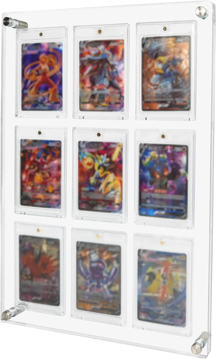 Acrylic Trading & Sports Card Display Frame - 9-Slot Wall/Desktop Holder for Baseball, Pokemon, Hockey Cards, UV-Protected with Magnetic One Touch Holders & Ad Nails