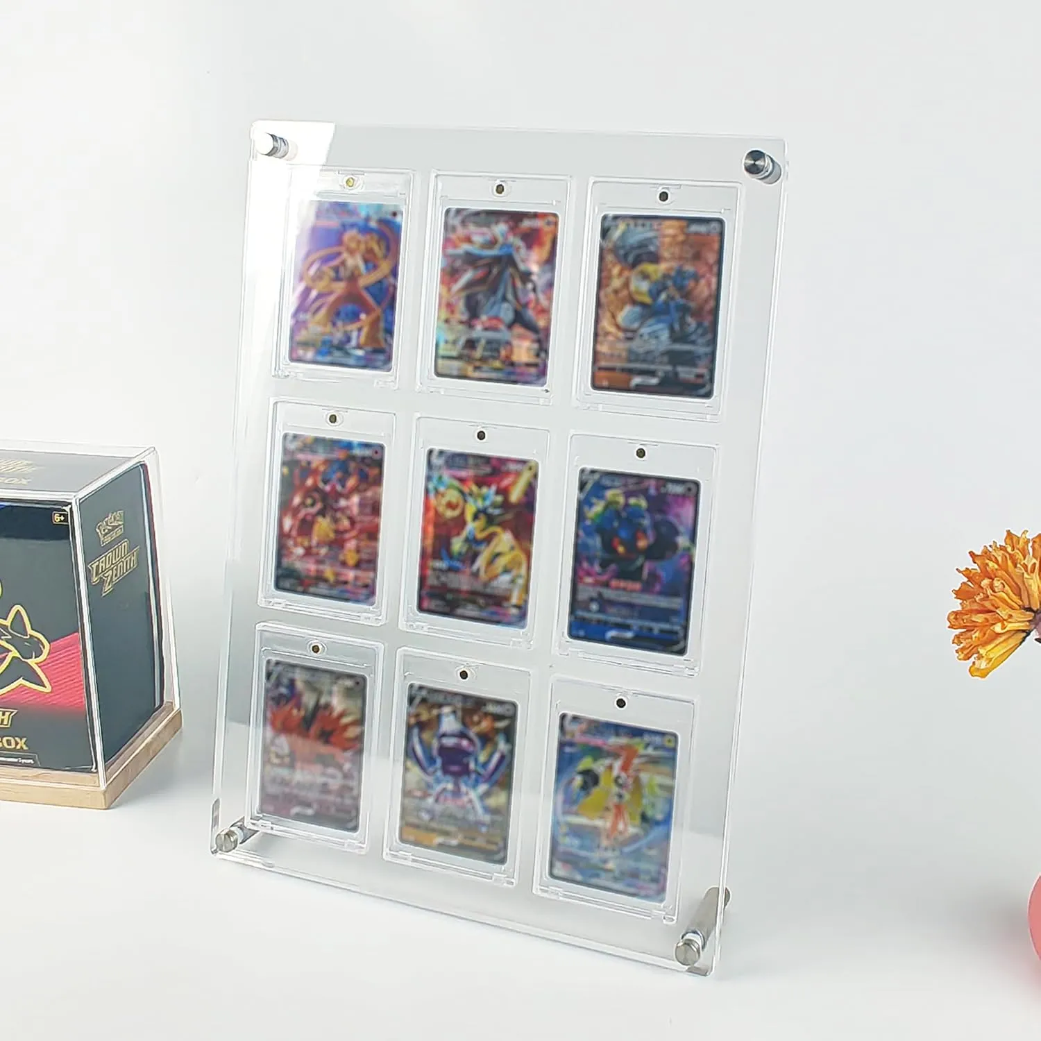 Acrylic Trading & Sports Card Display Frame - 9-Slot Wall/Desktop Holder for Baseball, Pokemon, Hockey Cards, UV-Protected with Magnetic One Touch Holders & Ad Nails