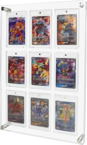 Acrylic Trading & Sports Card Display Frame - 9-Slot Wall/Desktop Holder for Baseball, Pokemon, Hockey Cards, UV-Protected with Magnetic One Touch Holders & Ad Nails