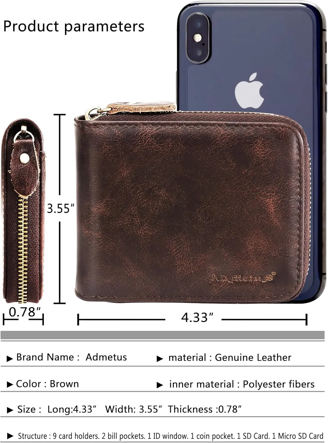 Admetus Men's Genuine Leather Short Zip-around Bifold Wallet