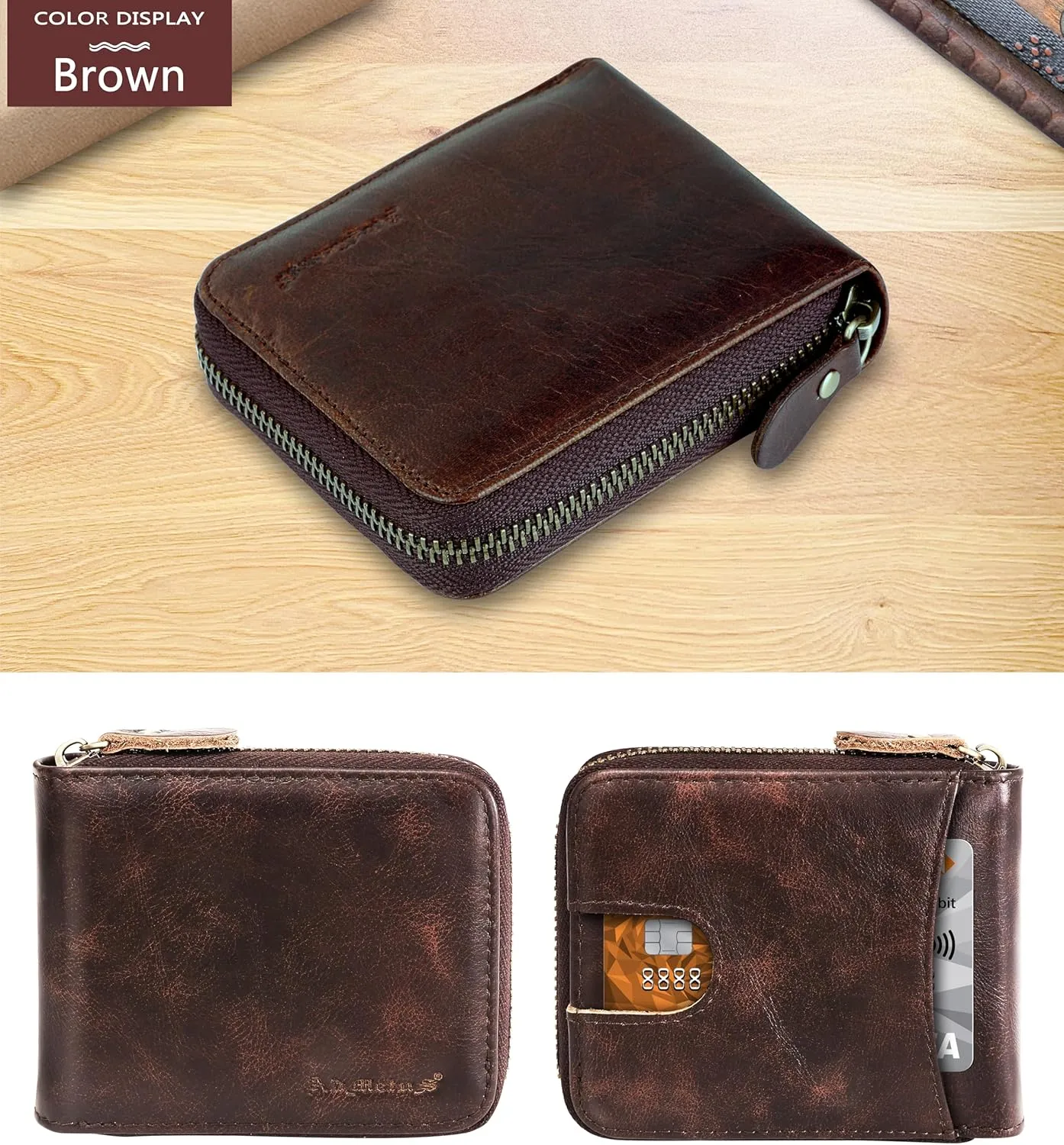 Admetus Men's Genuine Leather Short Zip-around Bifold Wallet