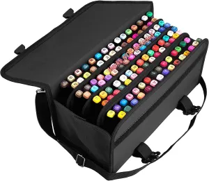 ADVcer Marker Case 120 Storage Holders, Foldable Extendable Oxford Lipstick Organizer with Carrying Handle, Shoulder Strap, QR Buckle, Zip Pocket for Copic, Prismacolor, Dry Erase, Color Paint Markers