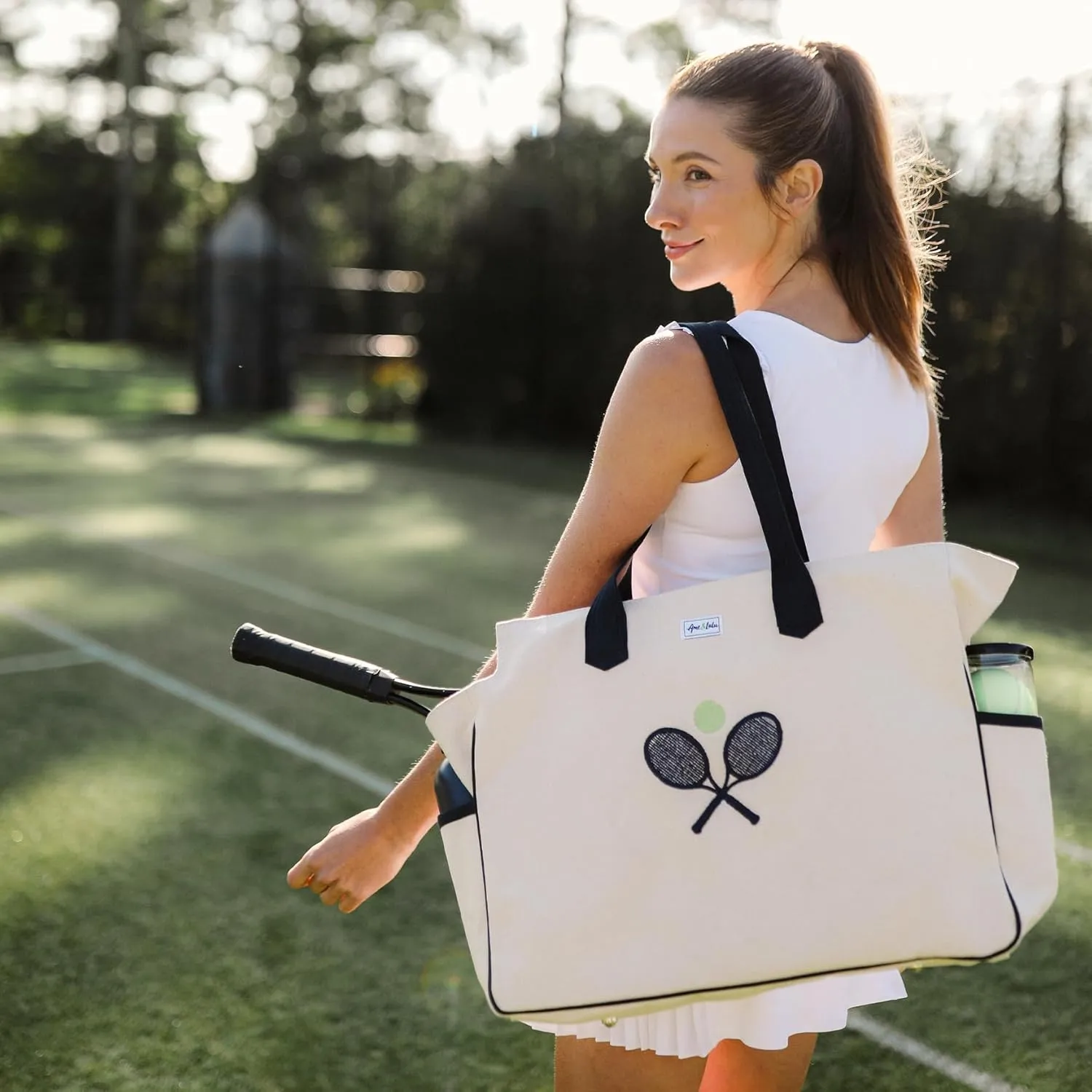 Ame & Lulu Love All Court Bag - Premium Tennis Tote w/Racket Pocket, Water Bottle Holders, Protective Base, & Canvas Design