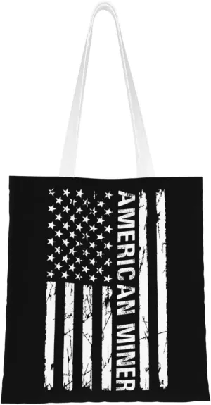 American Miner Flag Tote Bag for Women Canvas Shopping Bags Reusable Large Capacity Casual Shoulder Handbags Grocery Bags DIY Gift Bags