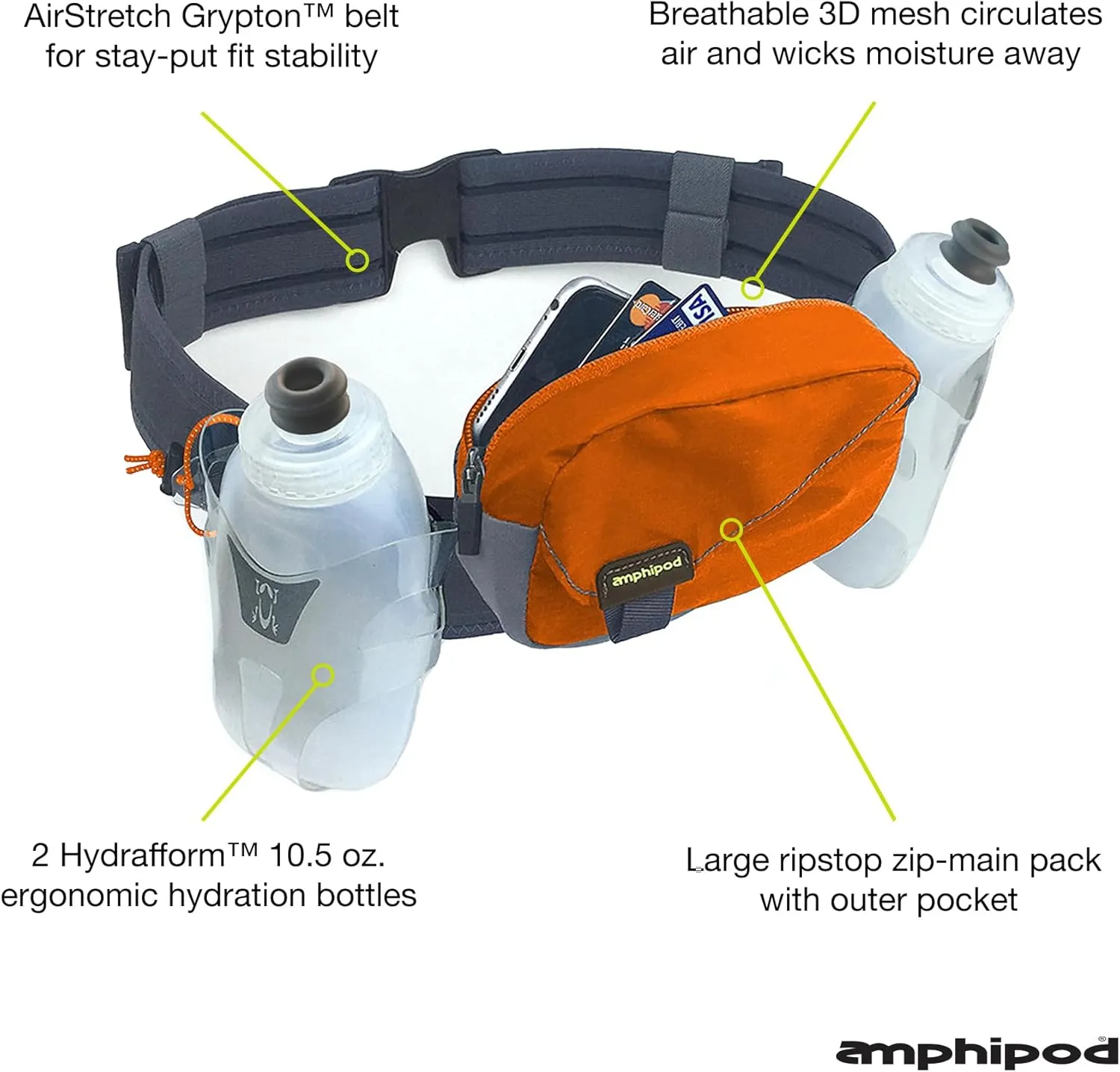 Amphipod Profile-Lite Breeze Hydration Belt, Runners Waist & Hydration Pack for Endurance & Marathon Runs, Men & Women, 21 oz - Orange - 21 oz