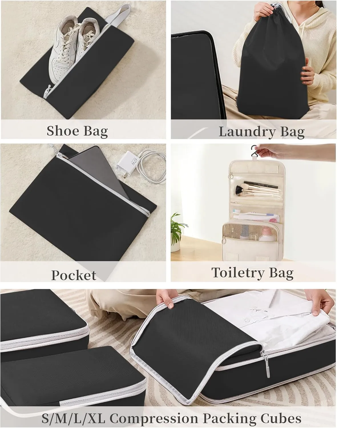 Anjing Compression Packing Cubes, 8 Set Travel Organizer for Carry-on Suitcases, Expandable Bags for Clothes, Ultralight, Water-Repellent Ripstop Nylon, Black