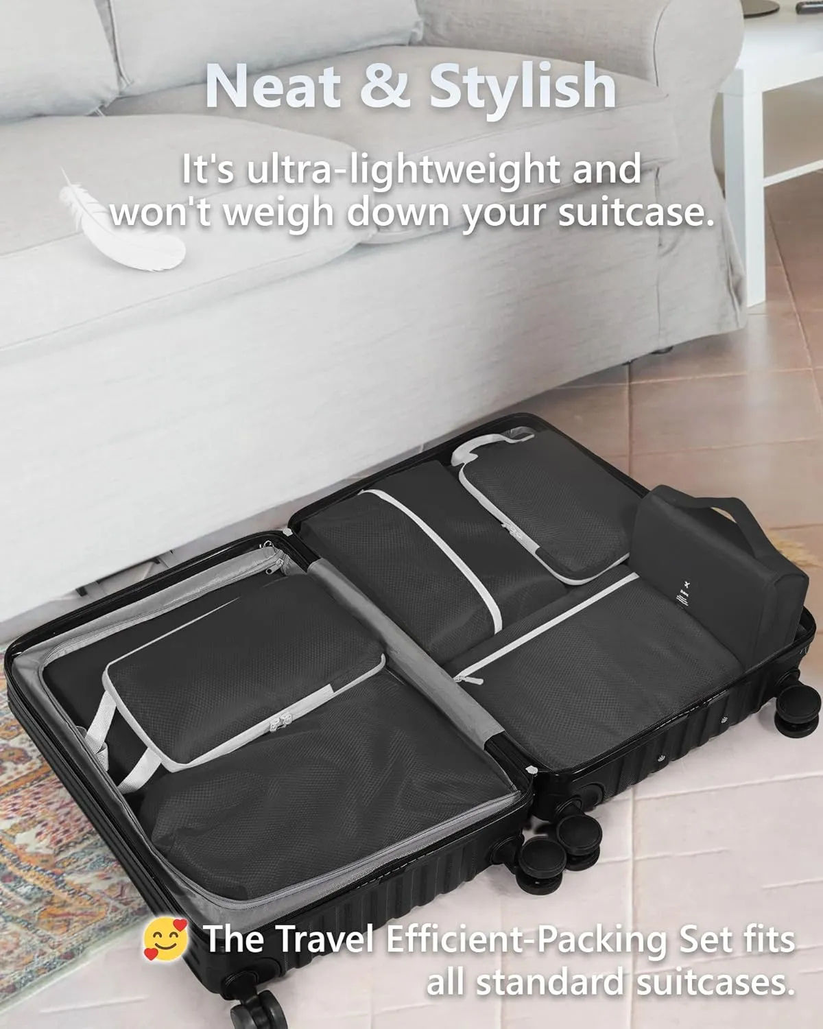 Anjing Compression Packing Cubes, 8 Set Travel Organizer for Carry-on Suitcases, Expandable Bags for Clothes, Ultralight, Water-Repellent Ripstop Nylon, Black