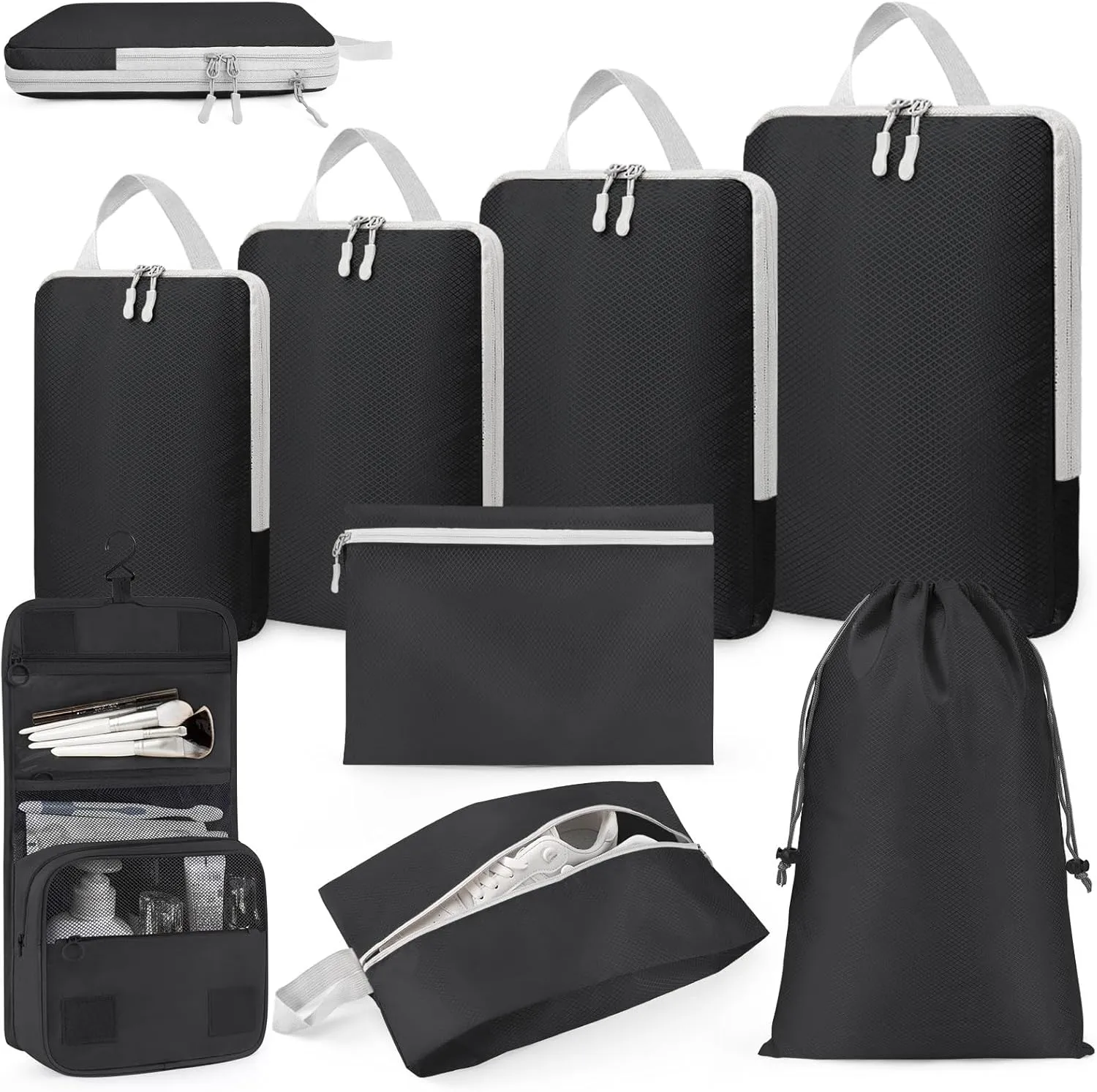 Anjing Compression Packing Cubes, 8 Set Travel Organizer for Carry-on Suitcases, Expandable Bags for Clothes, Ultralight, Water-Repellent Ripstop Nylon, Black