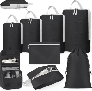 Anjing Compression Packing Cubes, 8 Set Travel Organizer for Carry-on Suitcases, Expandable Bags for Clothes, Ultralight, Water-Repellent Ripstop Nylon, Black