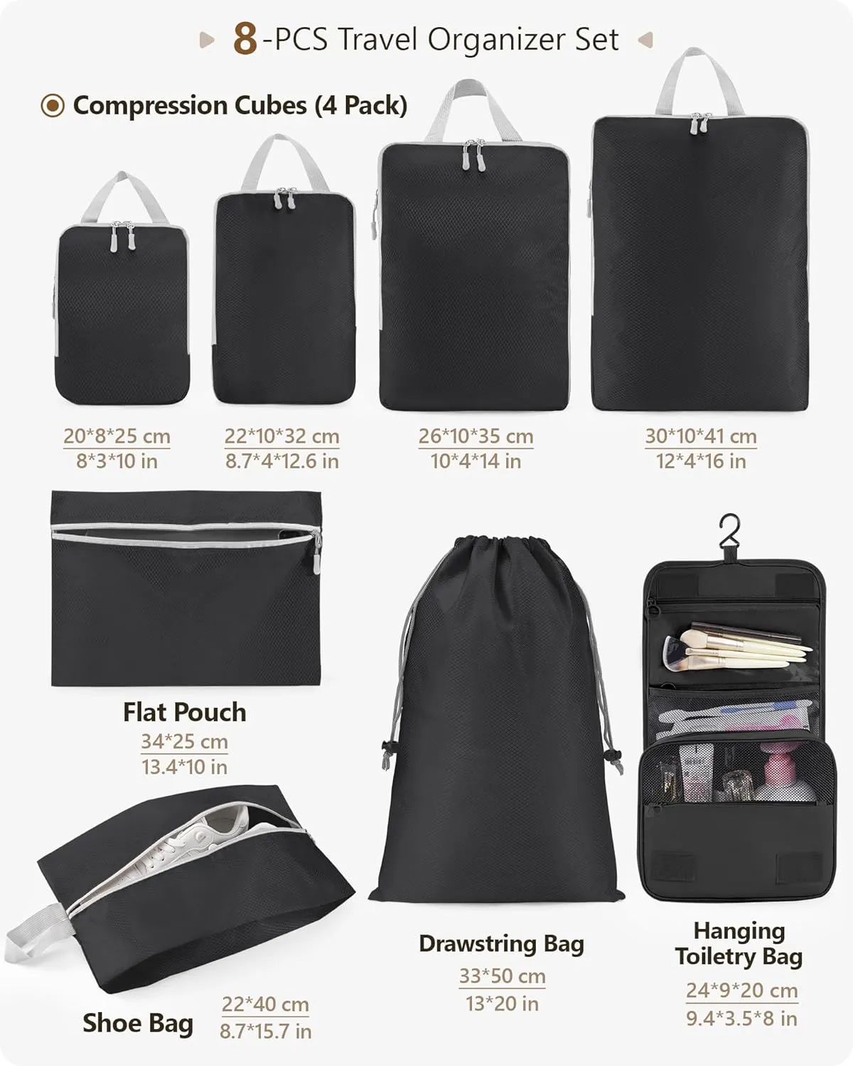 Anjing Compression Packing Cubes, 8 Set Travel Organizer for Carry-on Suitcases, Expandable Bags for Clothes, Ultralight, Water-Repellent Ripstop Nylon, Black