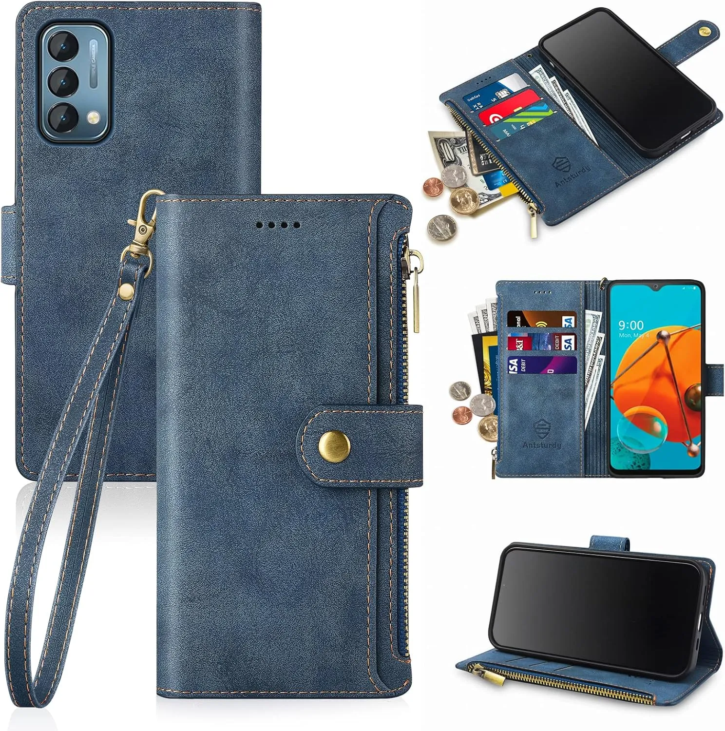 Antsturdy Compatible with OnePlus Nord N200 5G case Wallet with Card Holder for Women Men Phone case RFID Blocking PU Leather Flip Cover with Strap Zipper Credit Card Slots,Blue