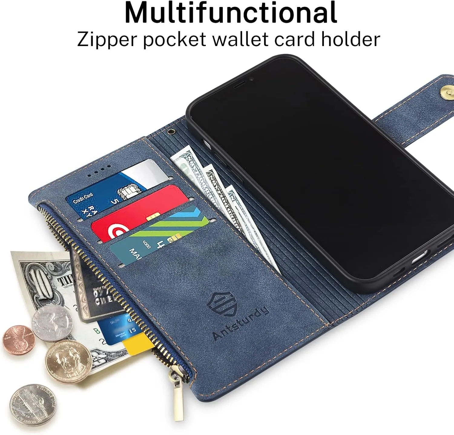 Antsturdy Compatible with OnePlus Nord N200 5G case Wallet with Card Holder for Women Men Phone case RFID Blocking PU Leather Flip Cover with Strap Zipper Credit Card Slots,Blue