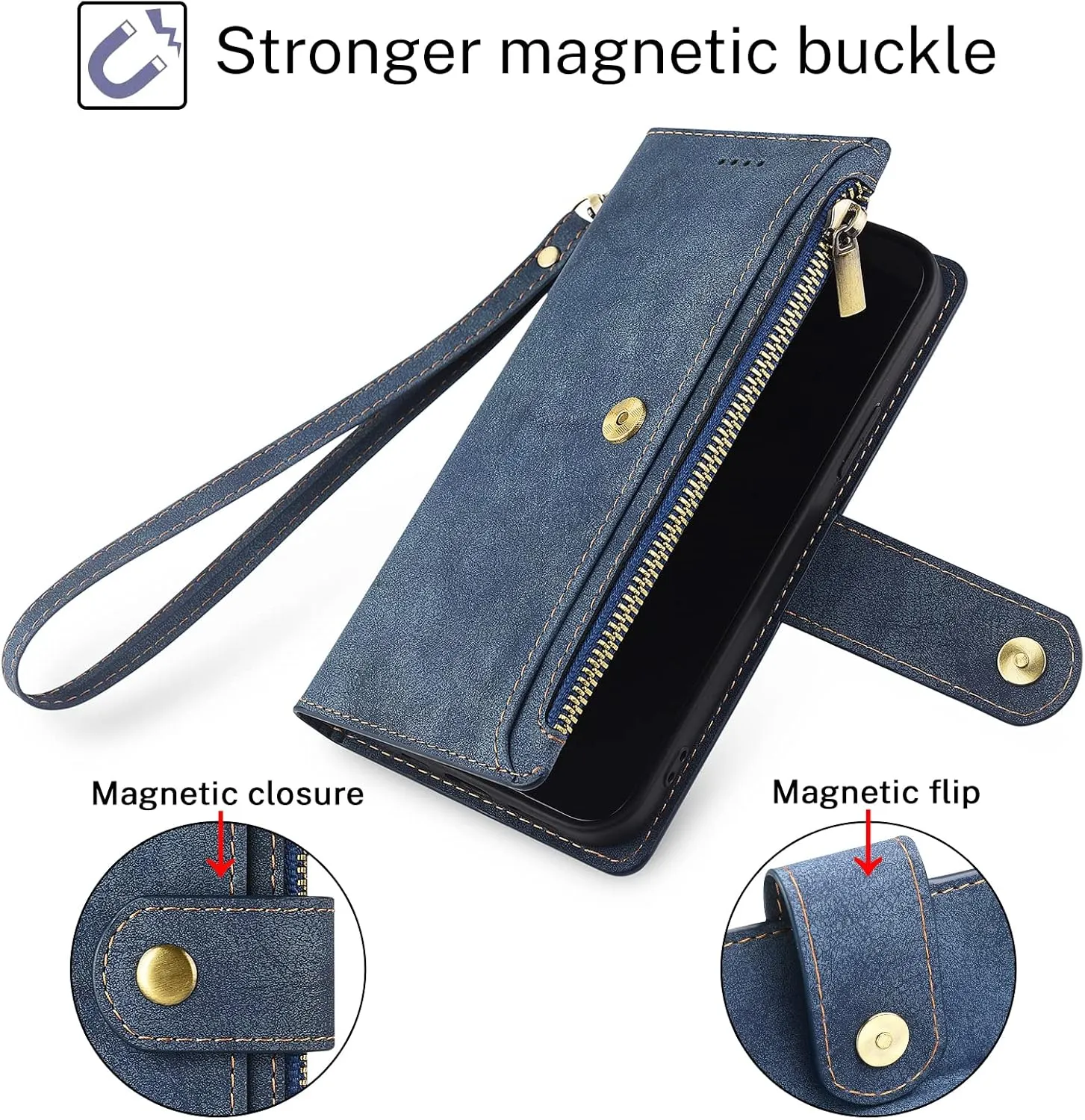 Antsturdy Compatible with OnePlus Nord N200 5G case Wallet with Card Holder for Women Men Phone case RFID Blocking PU Leather Flip Cover with Strap Zipper Credit Card Slots,Blue